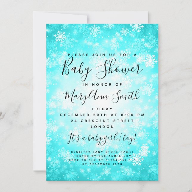 Elegant Winter Wonderland Baby Shower Turquoise Invitation (Front)