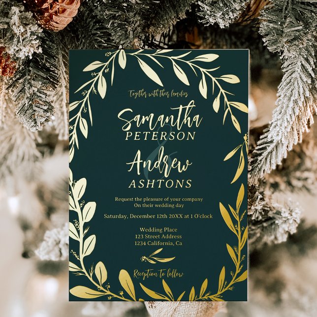 Elegant winter wonderland green wedding photo (Elegant winter wonderland green wedding photo foil invitation)