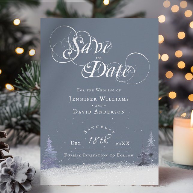 Elegant Winter Wonderland Themed Dusty Blue Snow Save The Date (Creator Uploaded)