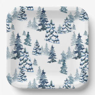 Elegant Winter Woodland Snowy Fir Forest Christmas Paper Plate