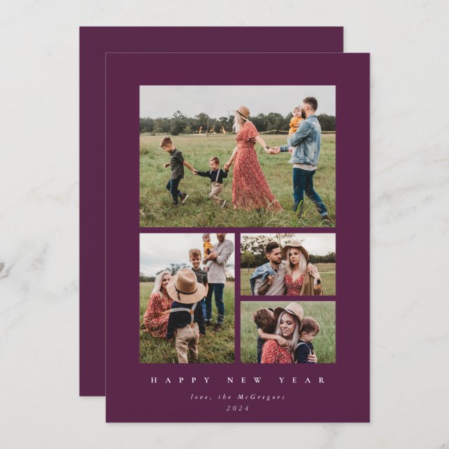 Elegant Winterberry Frame 4 Photo Happy New Year Holiday Card (Front/Back)