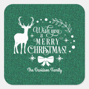 Elegant Wish You A MERRY CHRISTMAS Green Monogram Square Sticker