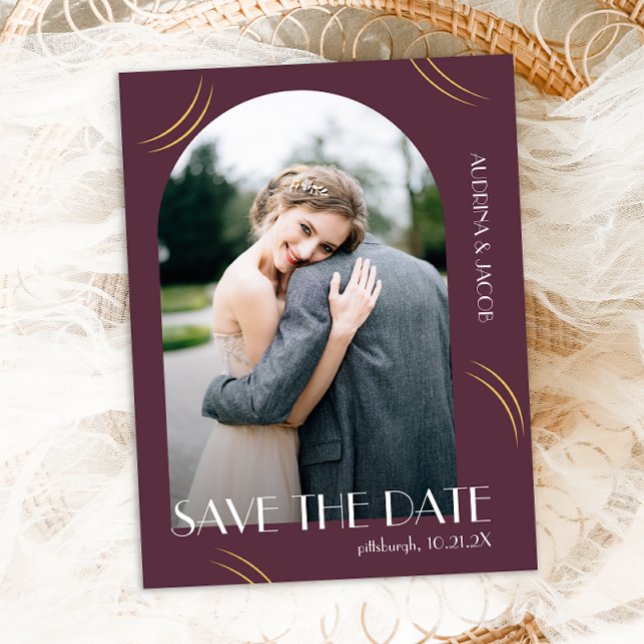 Elegant Wisps Plum Photo Wedding Save the Date Postcard (Creator Uploaded)