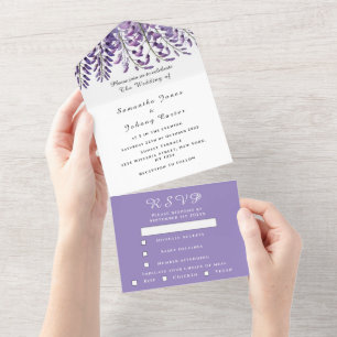 Elegant Wisteria Watercolor Purple Lilac Wedding All In One Invitation