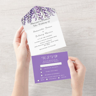 Elegant Wisteria Watercolor Purple Lilac Wedding  All In One Invitation