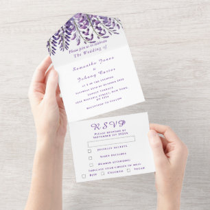 Elegant Wisteria Watercolor Purple Lilac Wedding  All In One Invitation
