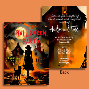 Elegant witch and cat silhouette Halloween Party Invitation