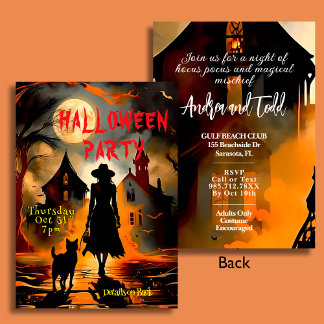 Elegant witch and cat silhouette Halloween Party Invitation