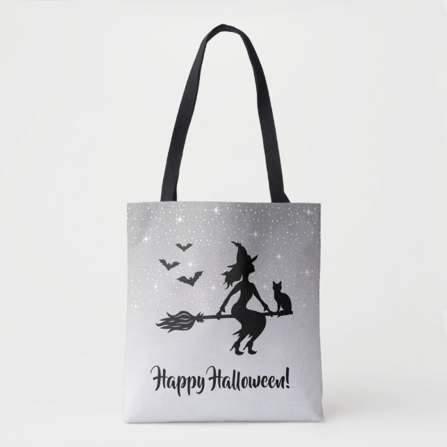 Elegant Witch Grey And Black Happy Halloween Tote Bag (Front)