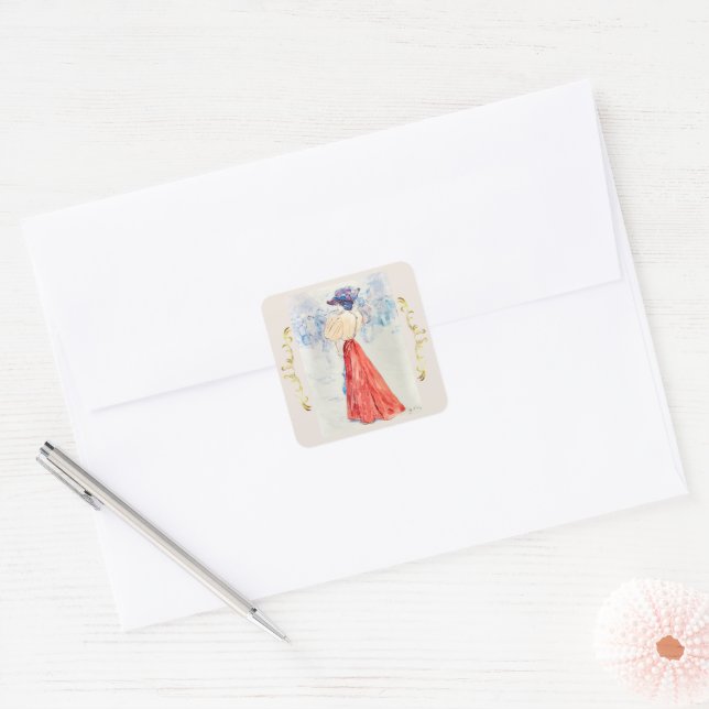 Elegant with a red skirt by Henry Somm   Square Sticker (Envelope)