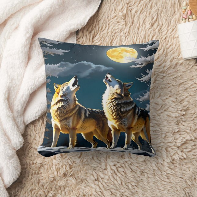 Elegant Wolves Howling Beneath a Full Moon Cushion (Blanket)