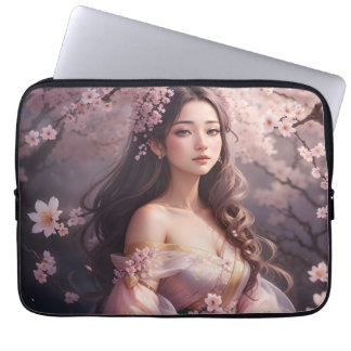 Elegant Woman Amidst Blooming Cherry Blosso Laptop Sleeve