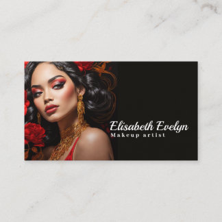 Elegant Woman Amidst Red and Gold Floral Splendor5 Business Card