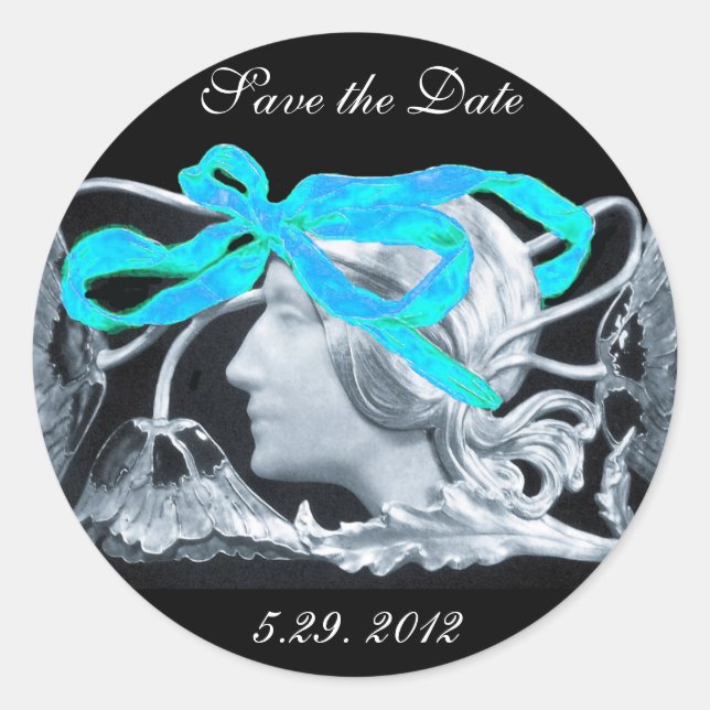 ELEGANT WOMAN BEAUTY JEWEL /LADY,BLUE BOW,FLOWERS CLASSIC ROUND STICKER (Front)