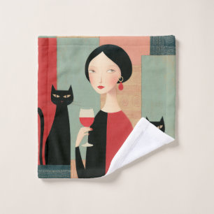 Elegant Woman Black Cats and Wine Bath Towel Set