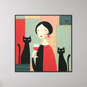 Elegant Woman Black Cats and Wine Canvas Print