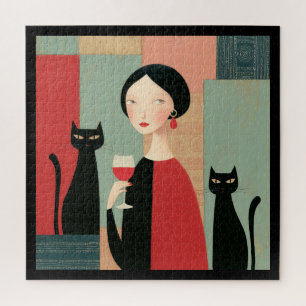 Elegant Woman Black Cats and Wine Jigsaw Puzzle