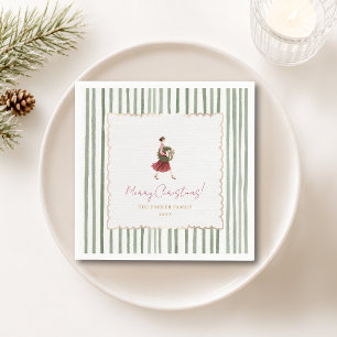 Elegant Woman Christmas Wreath Green Stripes Napkin