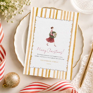 Elegant Woman Christmas Wreath Yellow Stripes Holiday Card