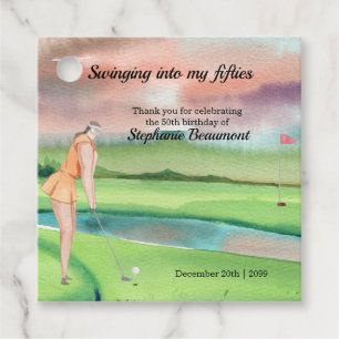Elegant Woman Golf Player Swinging 50th Birthday Favour Tags