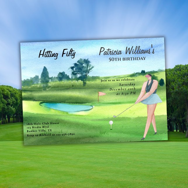 Elegant Woman Golf Player Swinging 50th Birthday Invitation (Creator Uploaded)