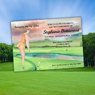 Elegant Woman Golf Player Swinging 50th Birthday Invitation