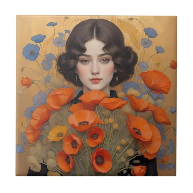 Elegant Woman Holding Bouquet of Poppy Flowers Ceramic Tile (Front)