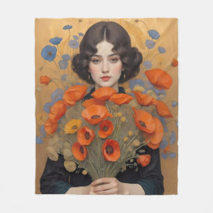 Elegant Woman Holding Bouquet of Poppy Flowers Fleece Blanket