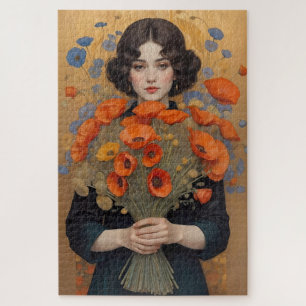 Elegant Woman Holding Bouquet of Poppy Flowers Jigsaw Puzzle