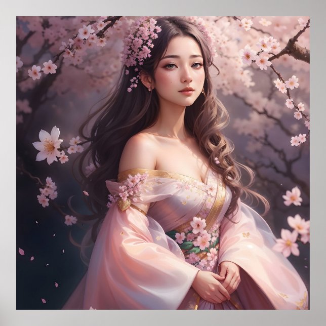 Elegant Woman in Blooming Cherry Blossoms Poster (Front)