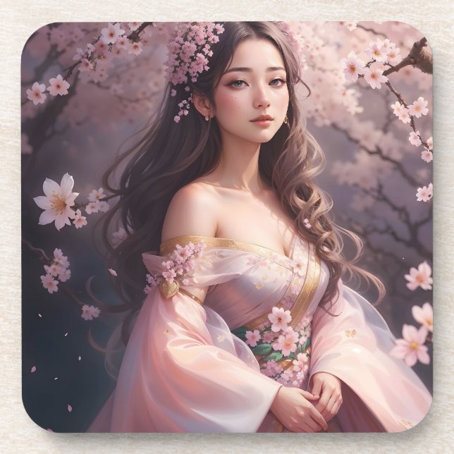 Elegant Woman in Blossoms Photo Enlargement Coaster (Front)