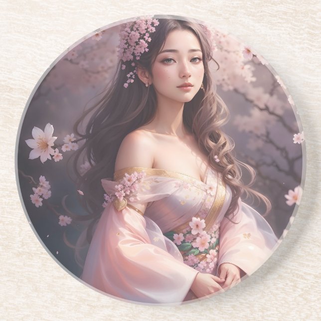 Elegant Woman in Blossoms Photo Enlargement Coaster (Front)