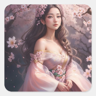 Elegant Woman in Blossoms Photo Enlargement Square Sticker