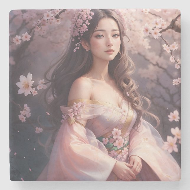 Elegant Woman in Blossoms Photo Enlargement Stone Coaster (Front)