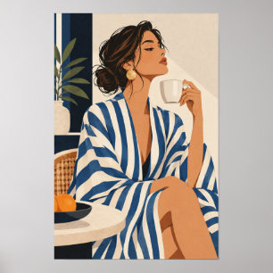 Elegant Woman in Blue Stripes Holding Coffee Wall Poster
