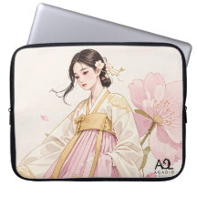 Elegant Woman in Golden Hanbok with Cherry Blossom