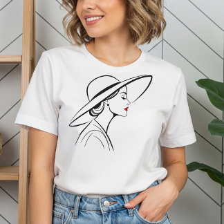 Elegant Woman in Hat Minimalist Line Art T-Shirt