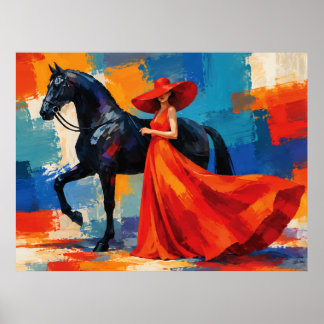 Elegant Woman in Red with Black Horse Poster