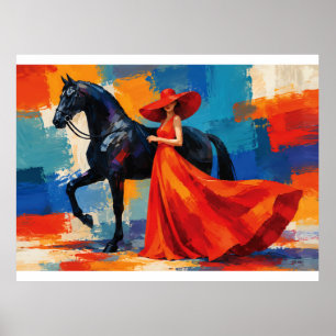 Elegant Woman in Red with Black Horse Poster