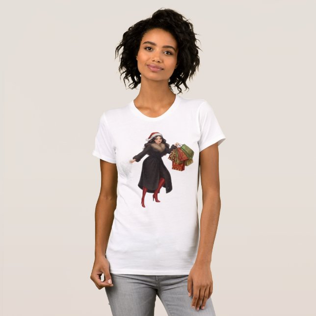 Elegant Woman in Santa Hat Pulling Christmas Tree  T-Shirt (Front Full)