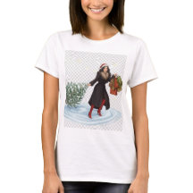 Elegant Woman in Santa Hat Pulling Christmas Tree