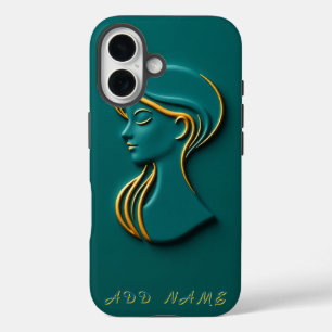 Elegant Woman Profile Gold Teal Art iPhone 16 Case