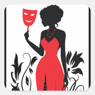 Elegant woman silhouette in red dress with mask square sticker