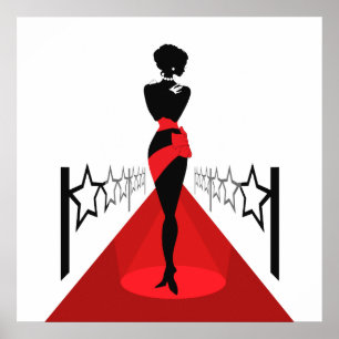 Elegant woman silhouette on red carpet with stars poster