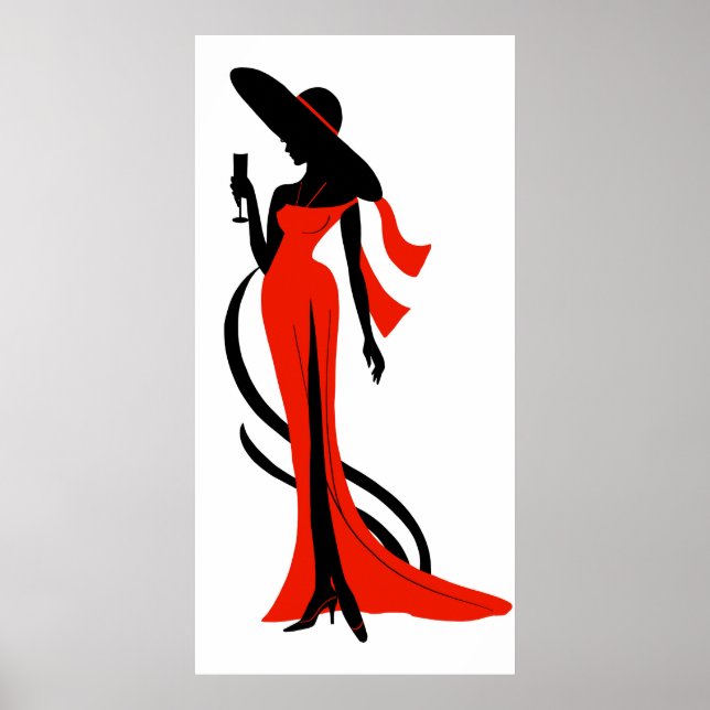 Elegant woman silhouette  red dress with wineglass poster (Front)