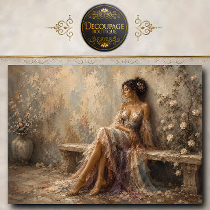 Elegant Woman Sitting On Garden Bench With Roses Tissue Paper