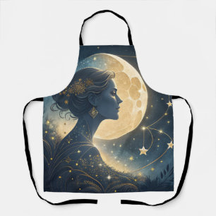 Elegant Woman Under the Golden Moon & Stars Apron