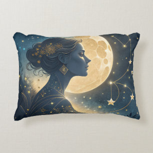 Elegant Woman Under the Golden Moon & Stars Decorative Cushion