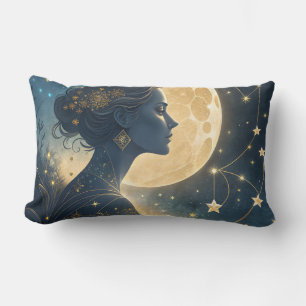 Elegant Woman Under the Golden Moon & Stars Lumbar Cushion