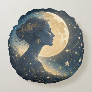 Elegant Woman Under the Golden Moon & Stars Round Cushion